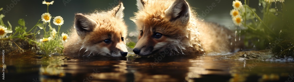 Curious fox cubs playing in a pond