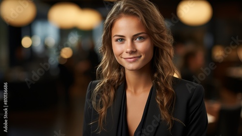 elegant woman in black suit smiling confidently