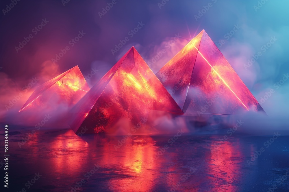 Mystical glowing red pyramids emerging from a hazy mist, bathed in a moody, atmospheric light conjuring a sense of discovery