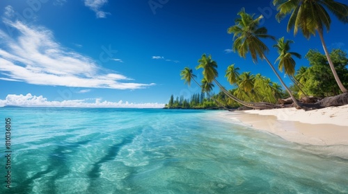 Tropical paradise beach with palm trees and crystal clear waters