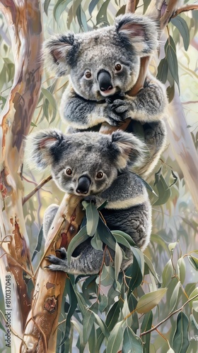 Adorable baby koalas clinging to the branches of eucalyptus trees  their fluffy ears twitching with every movement