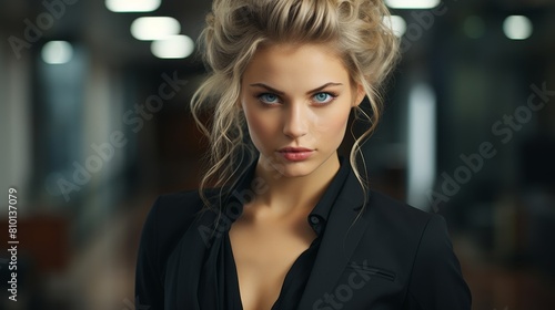 Confident and stylish woman in black jacket