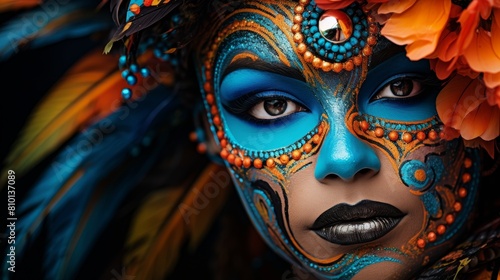 Vibrant and ornate face mask with intricate designs photo