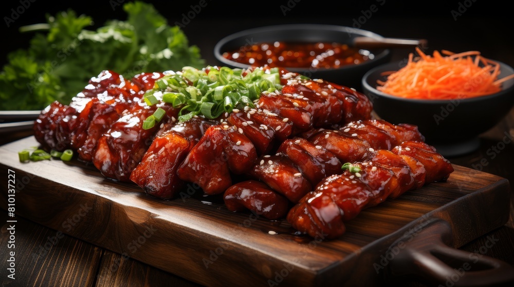 Delicious barbecue pork ribs with spicy sauce and garnishes