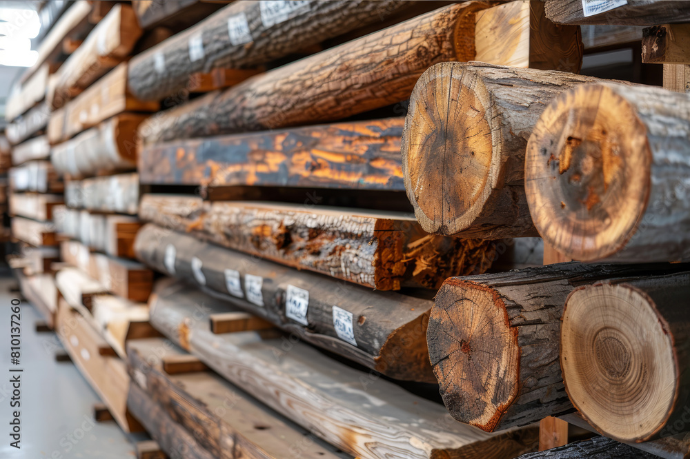 Close-up view of various timber logs in a warehouse, emphasizing textures and wood grain patterns.. AI generated. Close-up view of various timber logs in a warehouse, emphasizing textures and wood grain patterns.. AI generated.