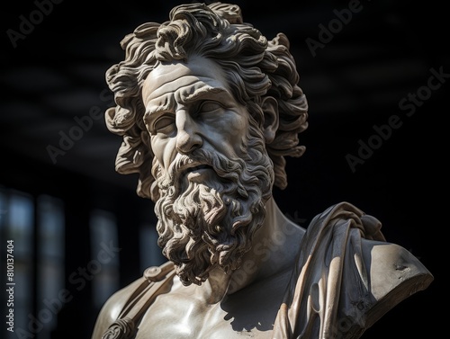 Dramatic stone sculpture of a bearded man with intense expression