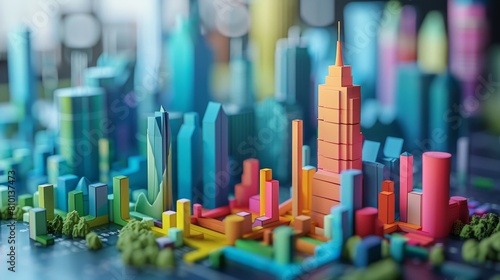 A colorful cityscape made of blocks with a tall building in the middle. The blocks are arranged in a way that creates a sense of depth and dimension. The city appears to be a vibrant and lively place