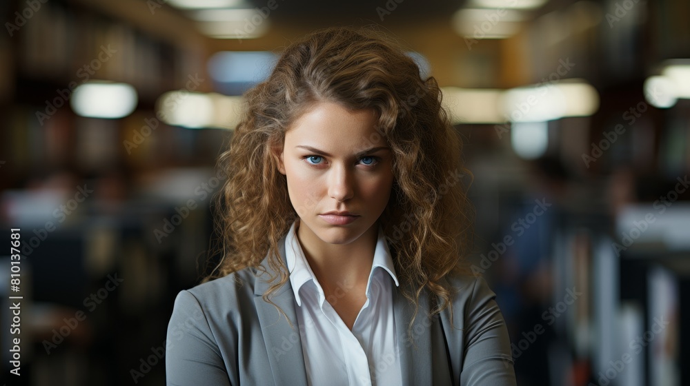 Serious young woman with curly hair in business attire Serious young woman with curly hair in business attire