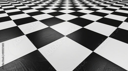 Chess perspective floor background. Black and white chessboard perspective floor texture. Checker board pattern surface. Fading away vanishing checkerboard background. Abstract vector illustration. photo