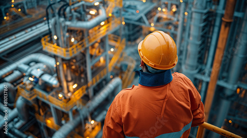 A man in a yellow helmet stands on a platform looking down at a large industrial