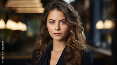 Elegant woman with curly hair and blue eyes