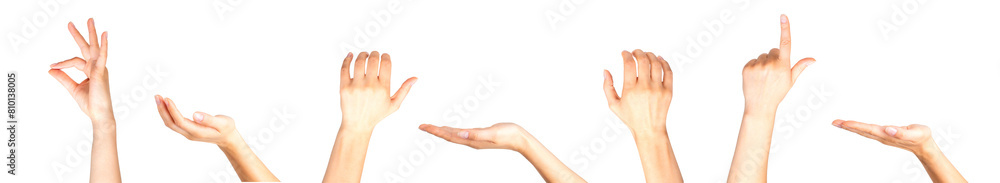Set of woman hands showing different gestures, pointing and showing signs Set of woman hands showing different gestures, pointing and showing signs