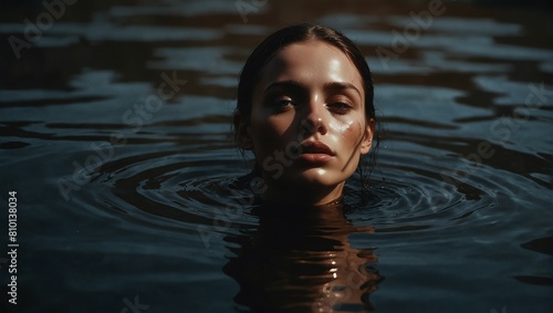 Enigmatic Glow: Woman in Dark Waters, Skin Radiating with Captivating Light Refractions © Андрій Гатченко