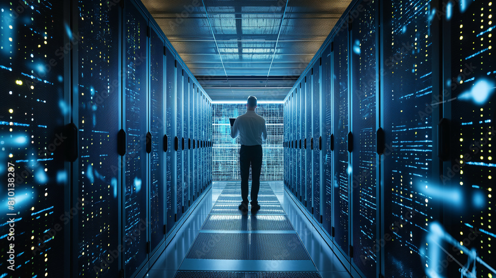 A man is walking down a long hallway with a tablet in his hand A man is walking down a long hallway with a tablet in his hand