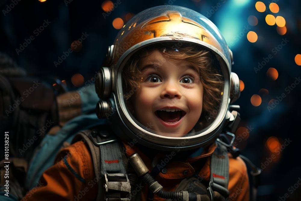 Excited young astronaut exploring the cosmos Excited young astronaut exploring the cosmos