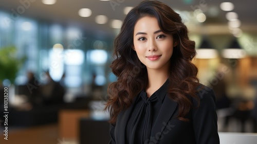 beautiful asian woman in black outfit smiling