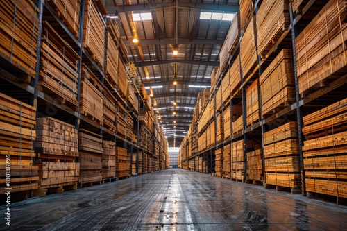 Wallpaper Mural Dynamic angle of towering timber piles in a sprawling warehouse, highlighting size and scale.. AI generated. Torontodigital.ca