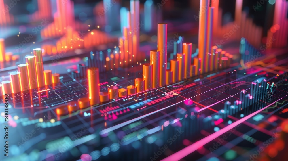 Obraz premium A colorful graph with many different colored lines and bars. The image is abstract and has a futuristic feel to it