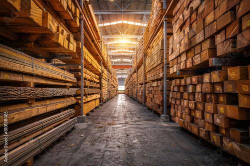 Wallpaper Mural Dynamic angle of towering timber piles in a sprawling warehouse, highlighting size and scale.. AI generated. Torontodigital.ca