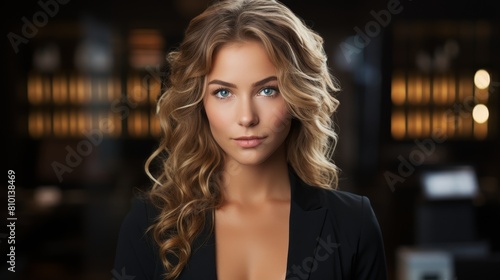 Elegant woman with wavy blonde hair and blue eyes