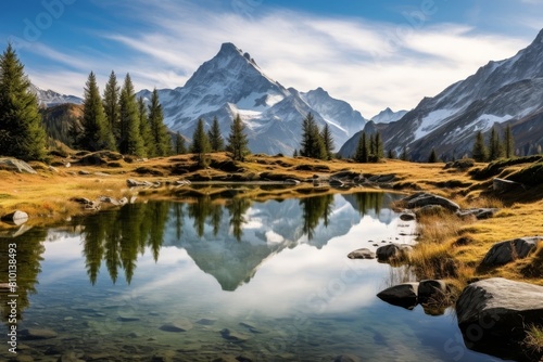 Majestic mountain landscape with a serene lake reflection © Balaraw