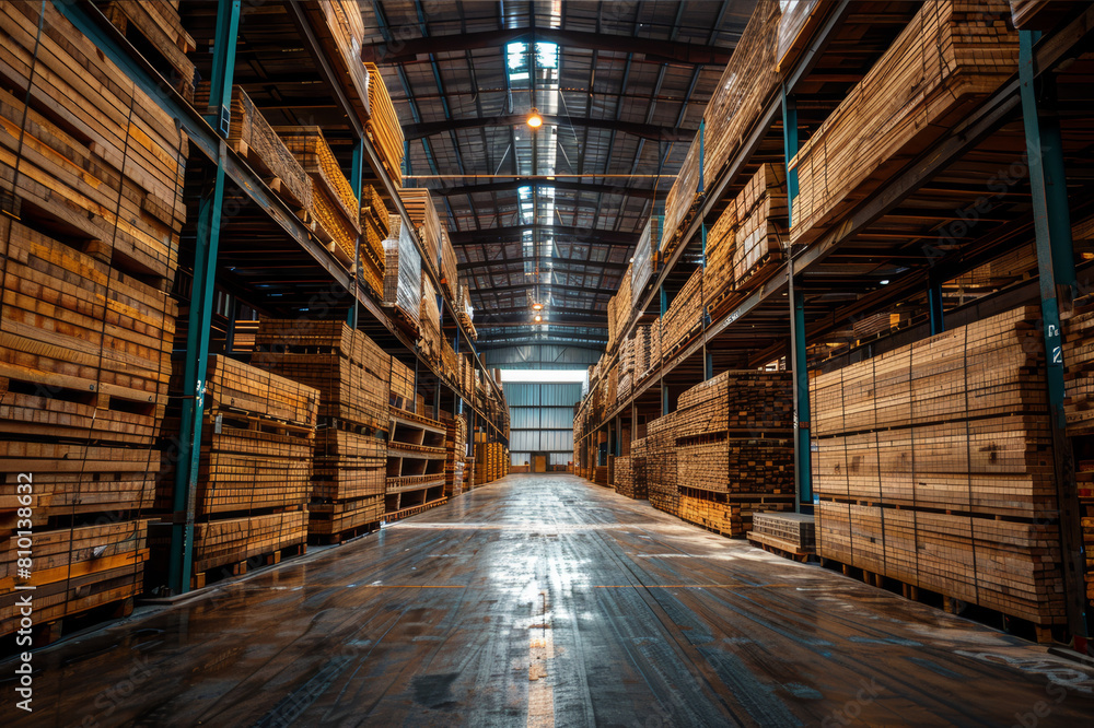 Dynamic angle of towering timber piles in a sprawling warehouse, highlighting size and scale.. AI generated. Dynamic angle of towering timber piles in a sprawling warehouse, highlighting size and scale.. AI generated.