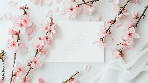 A blank wedding invitation card mockup adorned with delicate pink flowers.