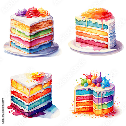 Vibrant rainbow layer cake with colorful frosting and dripping glaze. A festive and delicious dessert perfect for birthdays, bakeries, celebrations, and food photography.