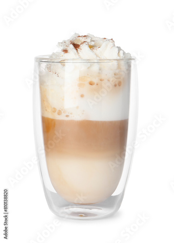 Delicious latte with whipped cream in glass isolated on white