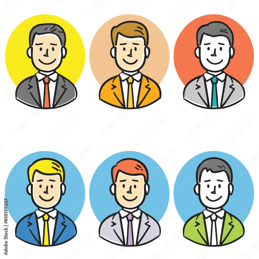 Six male cartoon characters, shoulders up colorful circle background. Characters varied hair colors business attire including ties shirts. Smiling faces suggesting friendly, approachable attitude Six male cartoon characters, shoulders up colorful circle background. Characters varied hair colors business attire including ties shirts. Smiling faces suggesting friendly, approachable attitude