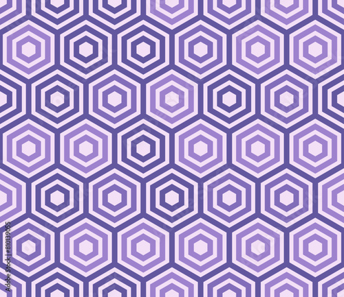 Geometric pattern. Plain hexagon frames. Purple color tones. Large hexagon shapes. Seamless pattern. Tileable vector illustration.