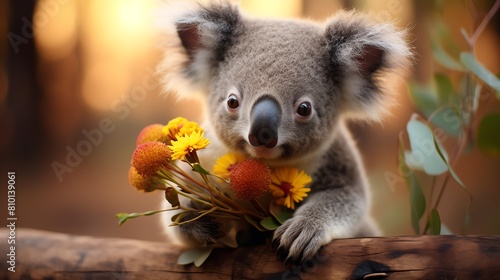 Closeup of a koala with a soft expression, gently holding a bouquet of colorful Australian native flowers, symbolizing gentleness photo