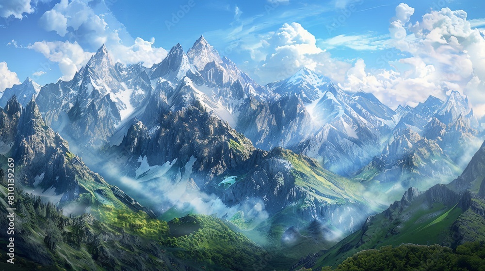 Fototapeta premium Mountain Range Background: A breathtaking mountain range serves as the background, with snow-capped peaks and rugged terrain stretching into the distance 