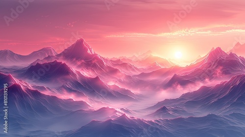Majestic pink sunrise over mountain range - A breathtaking digital artwork depicting a serene sunrise casting a soft pink hue over a rugged mountainous landscape