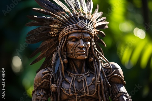 Detailed wooden statue of indigenous tribal leader