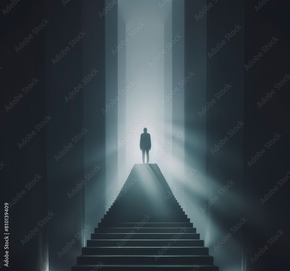 A man stands at the top of an infinite staircase.