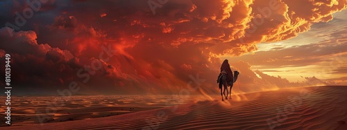 A silhouette of an emir on camelback with riding across vast desert dunes under dark red storm clouds photo