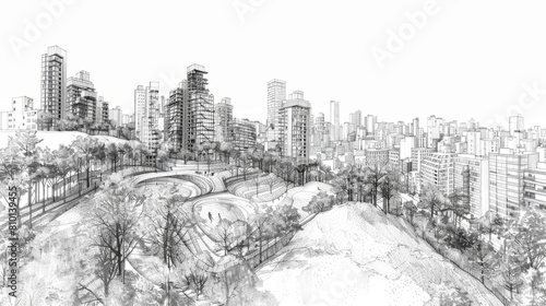 A city skyline with a park in the middle. The park is surrounded by trees and buildings. The sky is clear and the sun is shining