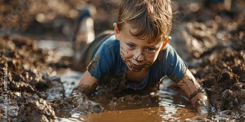 A young boy plays in the mud