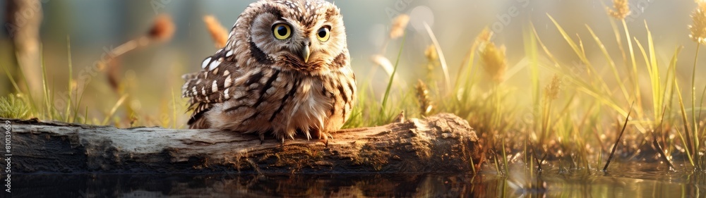 Curious owl perched on a log in a field Curious owl perched on a log in a field