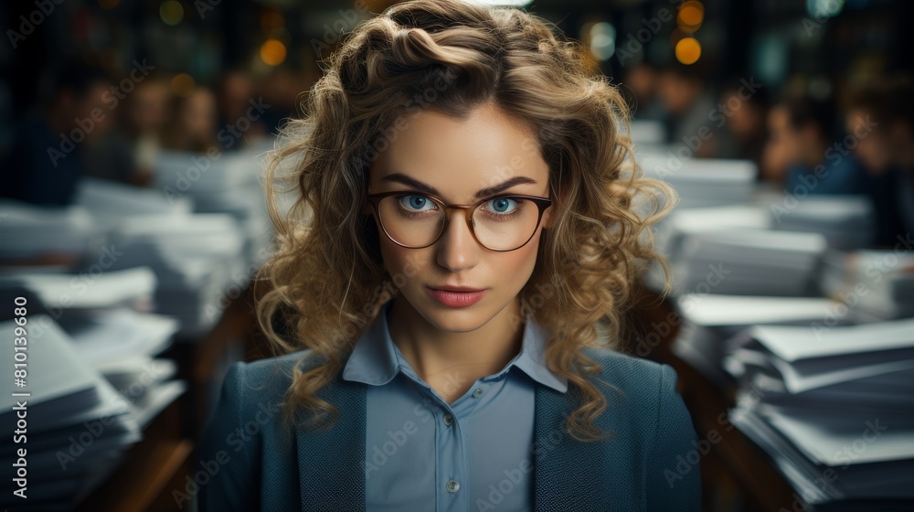 Serious young woman with curly hair and glasses Serious young woman with curly hair and glasses
