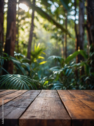 Wilderness Elegance  Blurred Jungle Setting Behind Wooden Table