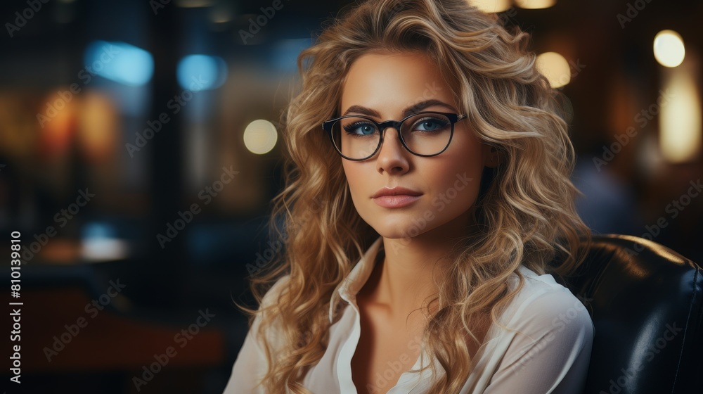 Confident woman with curly blonde hair and glasses Confident woman with curly blonde hair and glasses