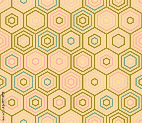 Abstract vector background. Simple stacked hexagons pattern. Large hexagon shapes. Multiple tones color palette. Seamless pattern. Tileable vector illustration.
