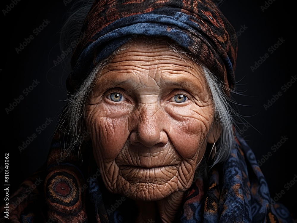 Weathered face of an elderly woman with piercing eyes