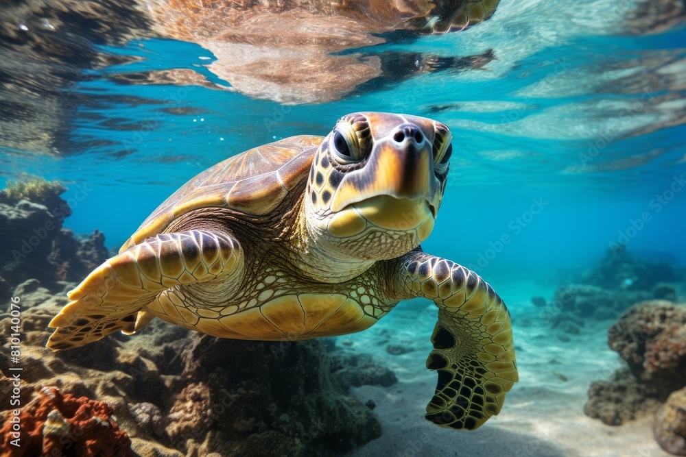 Curious sea turtle swimming in blue ocean Curious sea turtle swimming in blue ocean