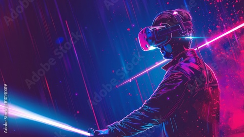 Virtual reality gaming. Man wearing vr headset and using light swords in abstract world. Vector illustration