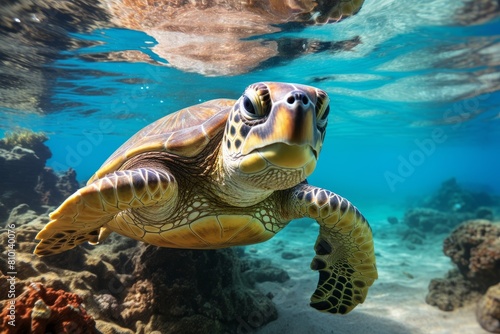 Curious sea turtle swimming in blue ocean