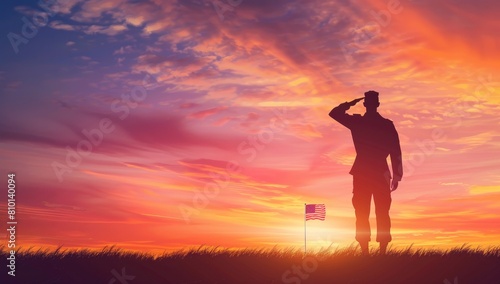 A silhouette of an american soldier saluting in front of the flag, to symbolizes people who lie down to give their lives for freedom.