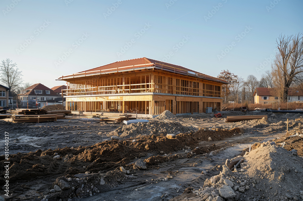 Timber framework construction site for a new house, clear day. AI generated. Timber framework construction site for a new house, clear day. AI generated.